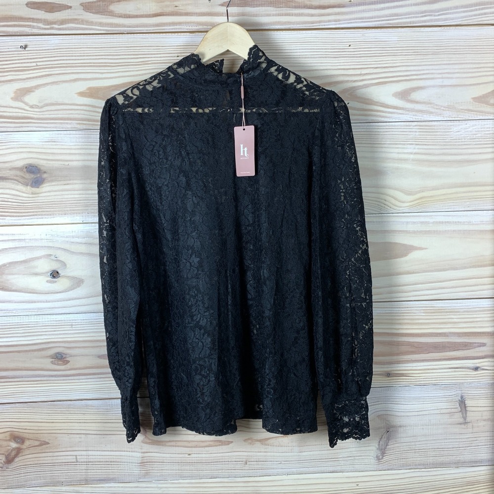 New Ht Top Women Medium Black Lace Sheer Balloon Sleeve Whimsigoth Dark Cottage